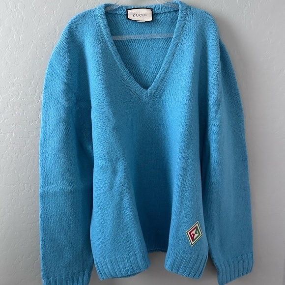 Gucci Blue Logo-Appliquéd Brushed Wool Sweater Sz. XXL​​​​ - Picture 2 of 6